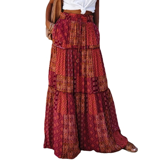 Caoirhny Women's Bohemian Skirts Vintage Elastic High Waist A-Line Skirts Tiered Long Skirts with Pockets