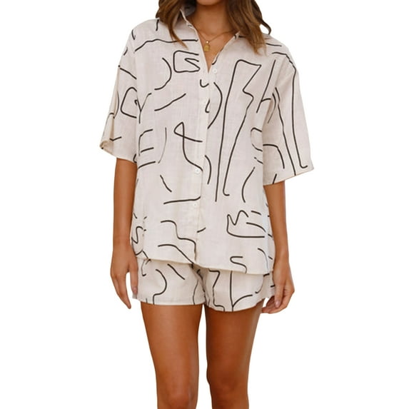 Caoirhny Women’s Casual 2 Piece Outfits Fashion Graphic Short Sleeve Button Down Shirt + Shorts Set Loungewear