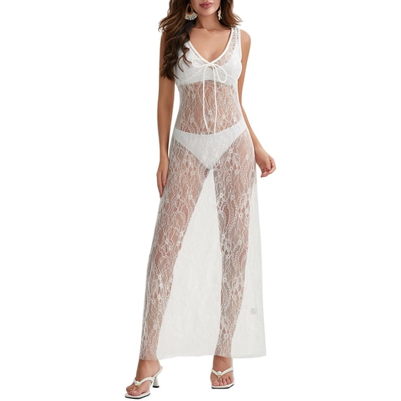 Caoirhny Women's Lace Long Dress Vintage Sleeveless Deep V Neck Solid Color Bodycon Dress See-Through Dress