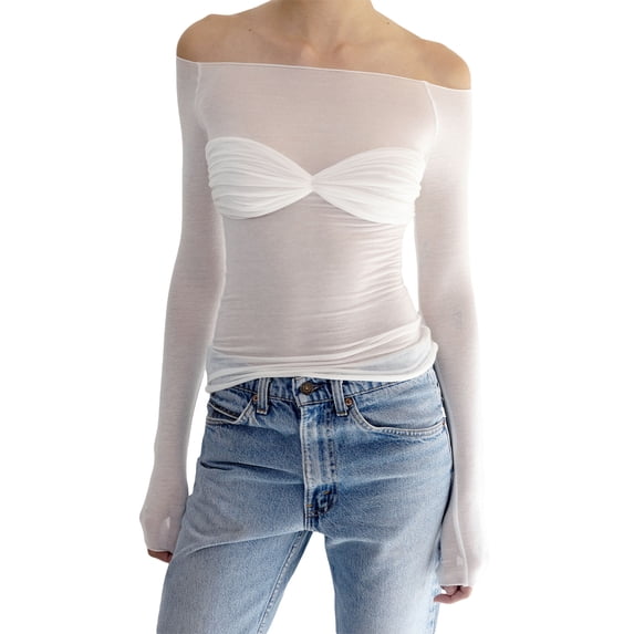 Caoirhny Women’s Off Shoulder Tops, Long Sleeve Ruched Bust Solid Color Slim Fit T-Shirts