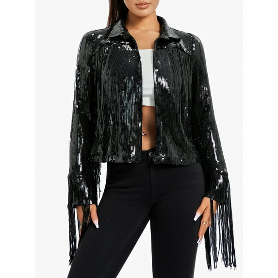 Caoirhny Women's Sequin Party Jackets Sparkly Long Sleeve Open Front Tassel Jackets Blazers Clubwear
