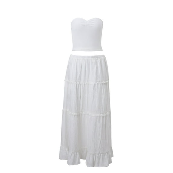 Caoirhny Women's Summer Fashion Midi Skirt, Solid Color Elastic Waist Flowy A-Line Skirt for Beach, Party