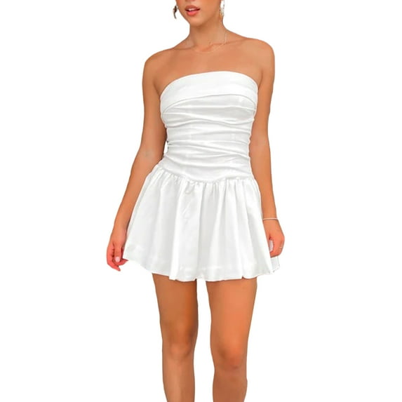 Caoirhny Women´s Summer Tube Dress, Strapless Solid Color Ruched Flared Mini A-Line Dress