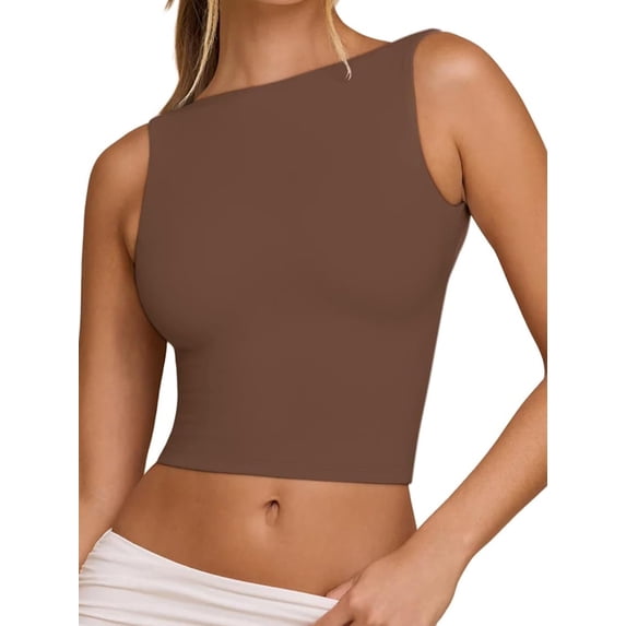 Caoirhny Women's Tank Tops Casual Slim Fit Boat Neck Sleeveless Open Back Solid Color Shirt for Summer