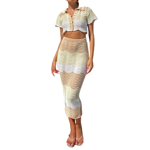 Caoirhny Women’s Two Piece Summer Outfits, Short Sleeve Knit Button Crop Tops and Long Skirt Set