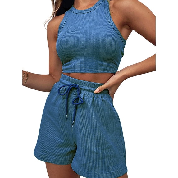 Caoirhny Women’s Two Piece Summer Outfits, Sleeveless Waffle Tank Tops and Shorts Set Loungewear
