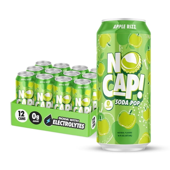 NO CAP! Soda Pop with Zero Sugar, Zero Calories and Electrolytes, Naturally Flavored Caffeine-Free Soda, Vegan & Gluten-Free, 16 oz Cans (Apple Rizz)
