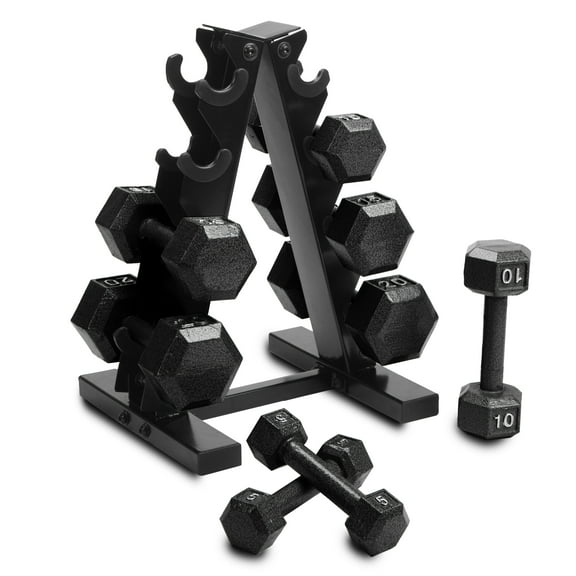 Cap Barbell 100 lb Cast Iron Hex Dumbbell Weight Set with Rack, Black