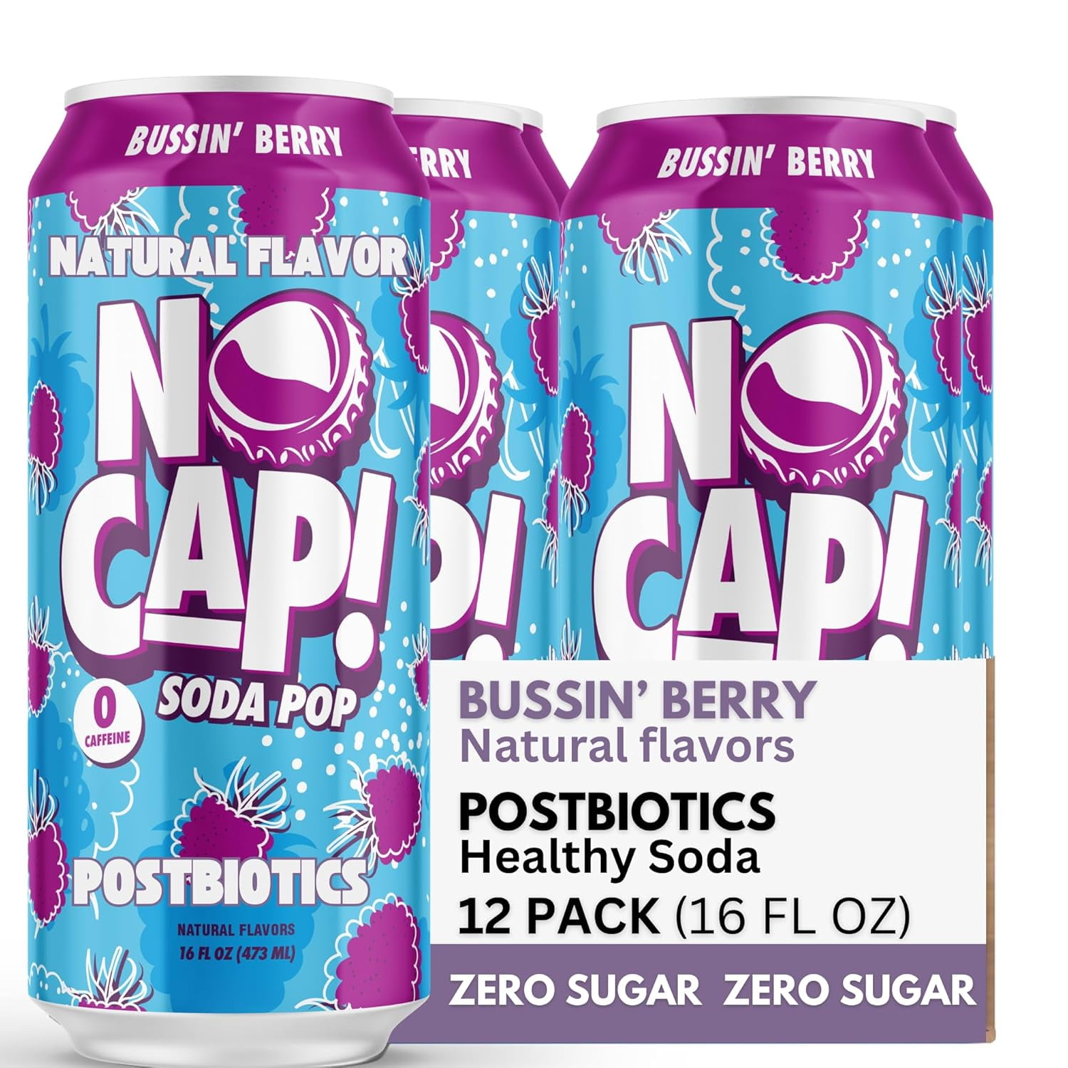 No Cap! Healthy Soda Drinks For Kids, Teenagers & Adults, Zero Sugar, Zero Calorie, Caffeine Free, Postbiotics, 16 Oz Cans, (12 Pack Bussin' Berry)