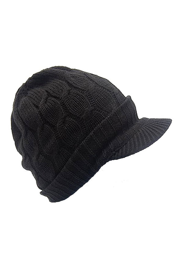 Cap - Cable Knit Visor Beanie Hats - Black Color - HT-9874BK