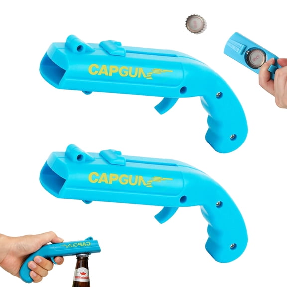 Cap Gun Bottle Opener, 2 Pack Blue Bottle Cap Launcher Gun - Funny Shooting Bottle Opener Gun for Parties, Cool Beer Opener Gift for Men, Unique Gadget for BBQs & Tailgates