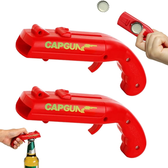 Cap Gun Bottle Opener, 2 Pack Red Bottle Cap Launcher Gun - Funny Shooting Bottle Opener Gun for Parties, Cool Beer Opener Gift for Men, Unique Gadget for BBQs & Tailgates