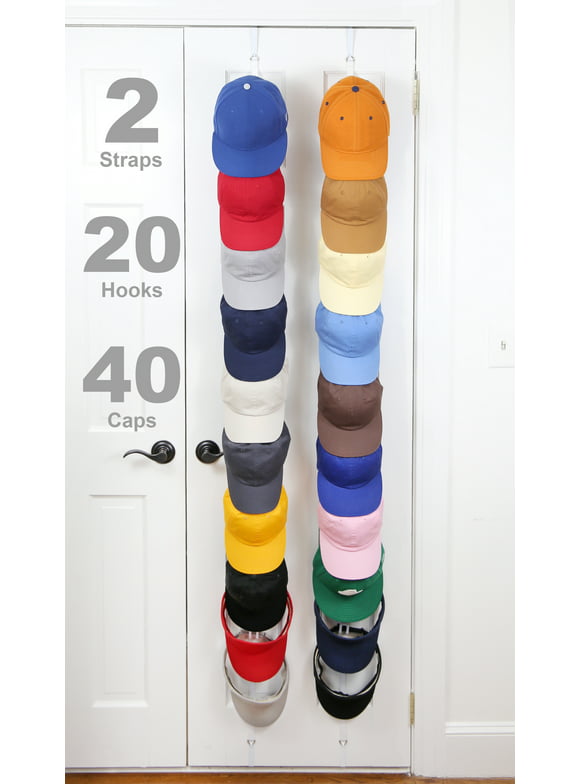 Cap Rack 18 FAVorite | Hat Racks | Hold up to 40 caps | Over Door Organizer | Baseball Hat Organizer | Over Door Hanger | Fitted & Adjustable Caps & Visors | Door Slam Proof | 2 Straps  | Black