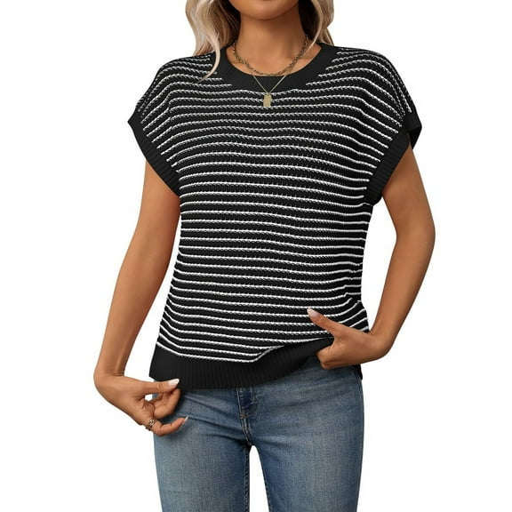 Cap Sleeve Casual Striped Color Block Sweater Black XL