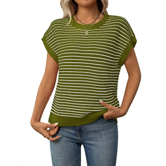 Prettady Cap Sleeve Casual Striped Color Block Sweater Green XL