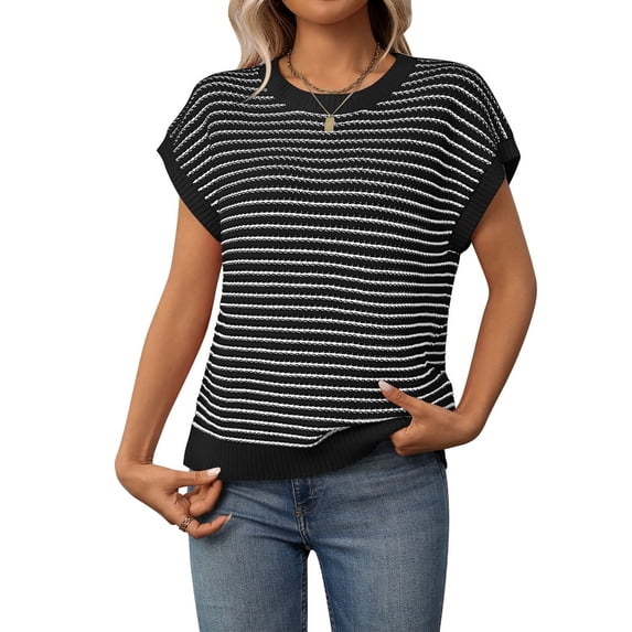 Cap Sleeve Casual Striped Color Block Sweater