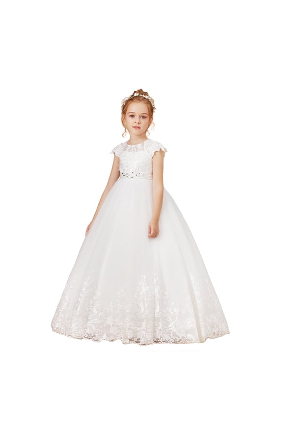 Cap Sleeve Flower Girl Dress for First Communion Wedding Tulle Pageant Prom Ball Gown Special Occasions (8-9Years)