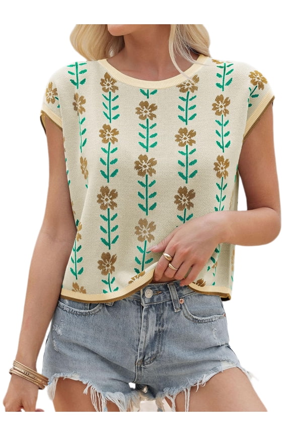 Cap Sleeve Flower Print Women Casual Knit Crop Tops Sweater Vest