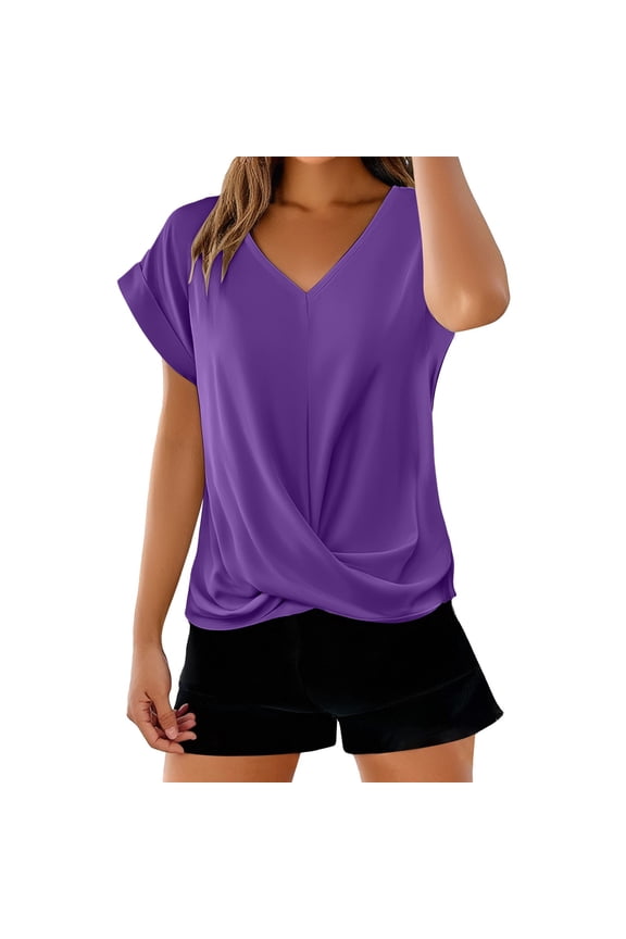 Cap Sleeve Front Twist Knot V Neck T Shirts Draped Blouses Casual Loose Fit Tees Comfy Casual Basic Tees Elegant Pullover Tee Shirt Lightweight Flowy Casual Summer Short Sleeve Shirt Yellow S