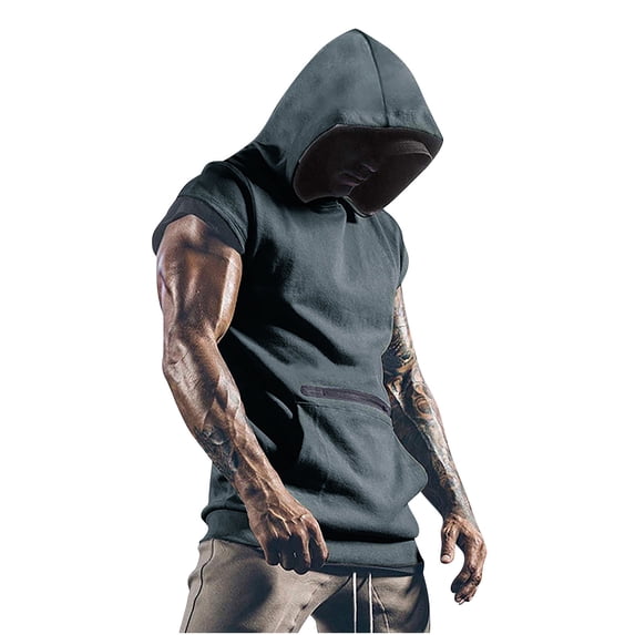 Cap Sleeve Hoodies for Men with Front Pocket Pullover Slim T-Shirts Mens Casual Solid Color Comfort Going-Out Streetwear Tees Tops