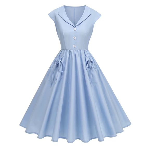 Cap Sleeve Lapel 50s Style Dresses for Women Vintage 1950s Retro Rockabilly Prom Tea Party Swing Dress with Pockets, Guest Dresses for Women(BU1,S)