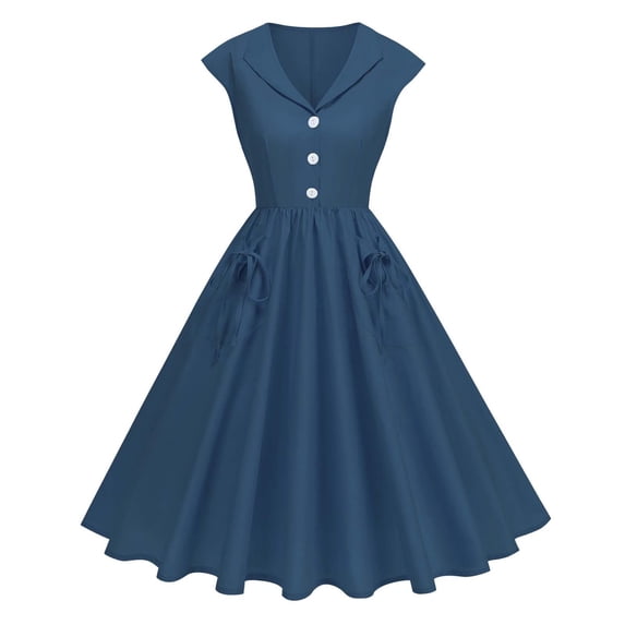 Cap Sleeve Lapel 50s Style Dresses for Women Vintage 1950s Retro Rockabilly Prom Tea Party Swing Dress with Pockets, Guest Dresses for Women(BU2,L)