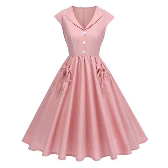 Cap Sleeve Lapel 50s Style Dresses for Women Vintage 1950s Retro Rockabilly Prom Tea Party Swing Dress with Pockets, Guest Dresses for Women(Pink,M)
