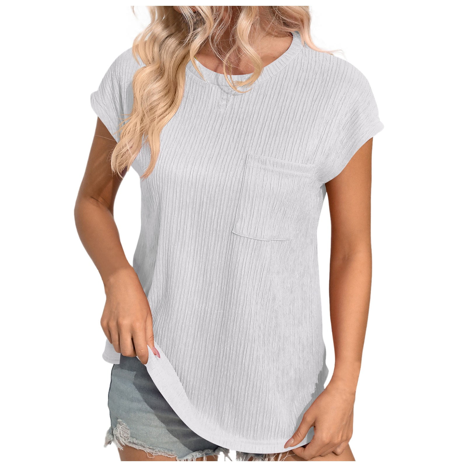 Cap Sleeve Shirt Top For Womens Trendy Crew Neck Blouse Basic Textured ...