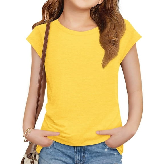 Cap Sleeve Summer Kids Solid Color Casual Shirt Girls Children Crewneck Simple Shirt Tops for 5-14 Years