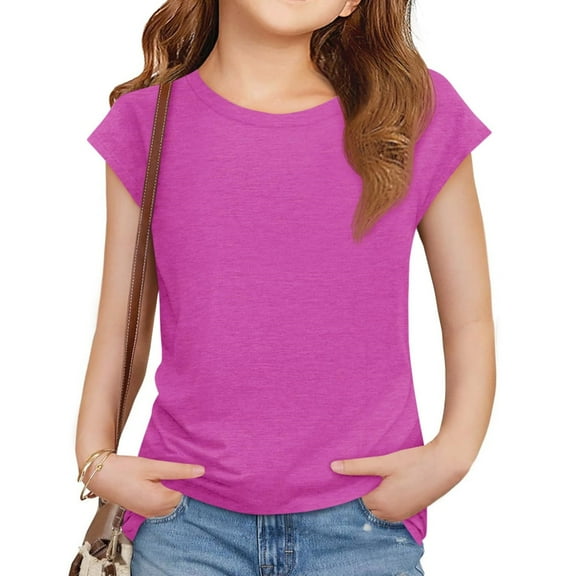 Cap Sleeve Summer Kids Solid Color Casual Shirt Girls Children Crewneck Simple Shirt Tops for 5-14 Years