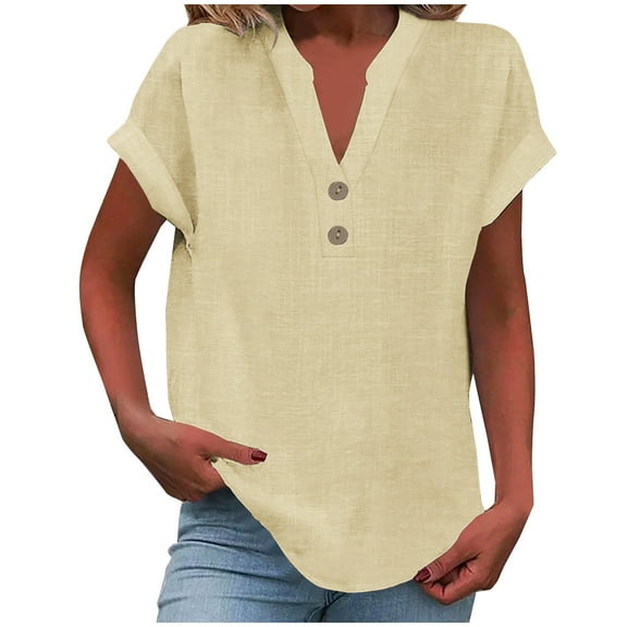 Cap Sleeve Tee Shirts for Women Cotton V Neck T Shirts Lightweight Casual Shirts Button up Tunic Shirts