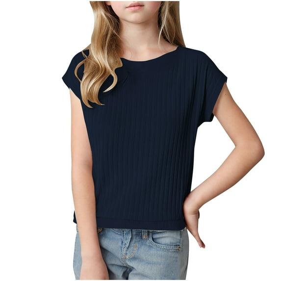Cap Sleeve Tops for Teen Girls Summer Cotton Crew Neck Loose Fit Shirt Kid Summer Short Sleeve Casual T-Shirts (Navy )