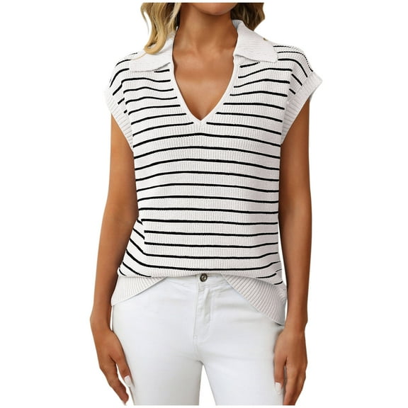 Cap Sleeve Tops for Women Casual V Neck Knit Sweater Vest Summer Striped Polo Shirts Fashion Sleeveless Blouses (XL, White)