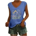 thumbnail image 1 of Cap Sleeve Tops for Women Cotton Blend Flower Graphic V Neck Blouses Fashion Floral Printed Casual Summer Shirts (L, Blue), 1 of 4
