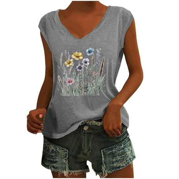 Cap Sleeve Tops for Women Cotton Blend Flower Graphic V Neck Blouses Fashion Floral Printed Casual Summer Shirts (L, Gray)
