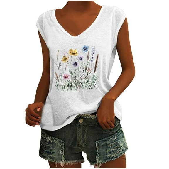 Cap Sleeve Tops for Women Cotton Blend Flower Graphic V Neck Blouses Fashion Floral Printed Casual Summer Shirts (XL, White)