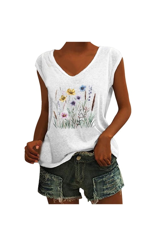 Cap Sleeve Tops for Women Cotton Blend Flower Graphic V Neck Blouses Fashion Floral Printed Casual Summer Shirts (XXL, White)