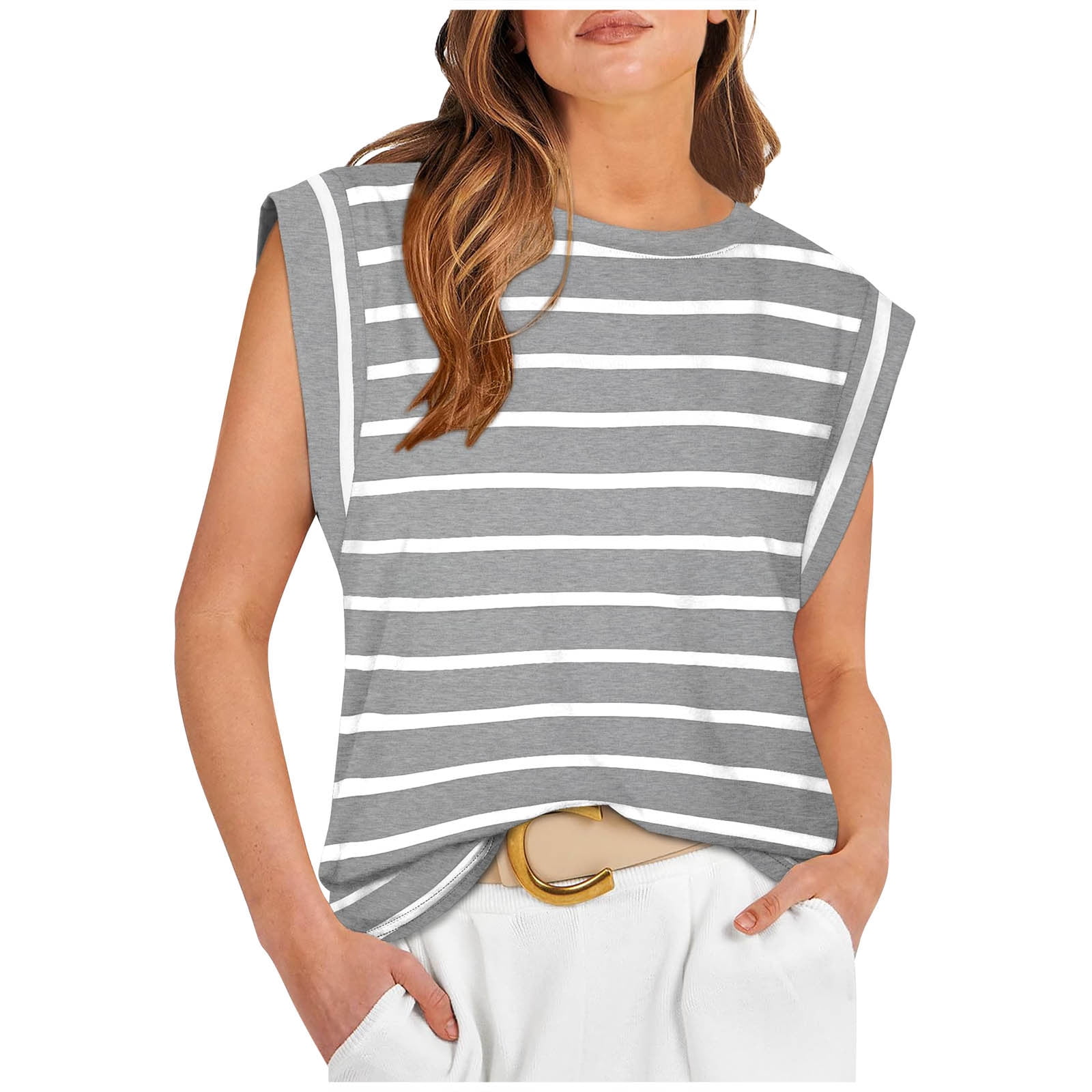 Cap Sleeve Tops for Women Summer Cotton Tank Top Striped Print Basic ...