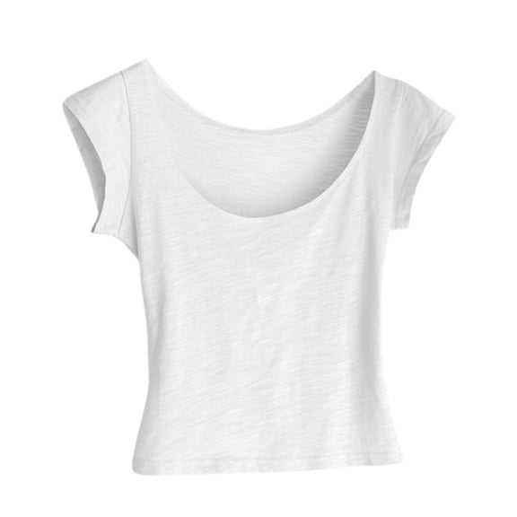 Cap Sleeve Tops for Women Trendy Summer Crew Neck Slim Fitted Shirts Solid Color Basic Tee Soft Comfy Clothes (L, White)