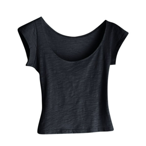 Cap Sleeve Tops for Women Trendy Summer Crew Neck Slim Fitted Shirts Solid Color Basic Tee Soft Comfy Clothes (S, Black)