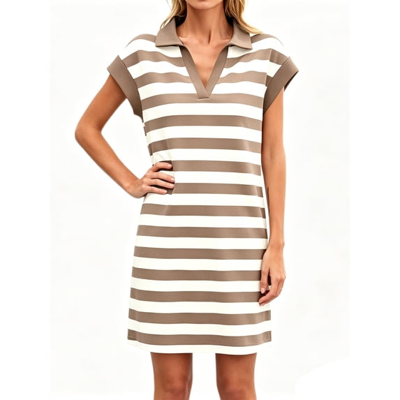Cap Sleeve Women Stripe Print V Neck Mini Polo Dress with Pocket