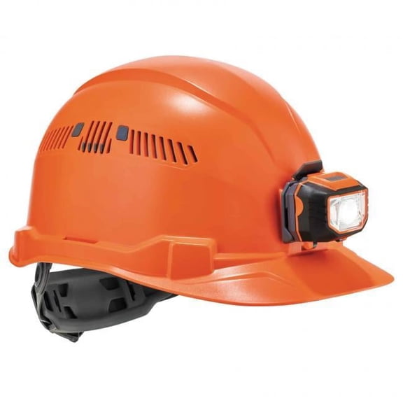 Cap-Style Hard Hat with LED Light - Orange - Adjustable Ratchet Suspension