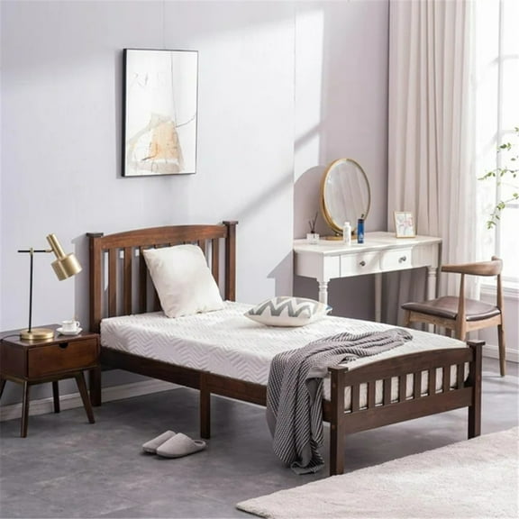 Cap, curved head and footboard, vertical decorative strips, painted surface, pine wood, brown, Twin wooden bed, single layer