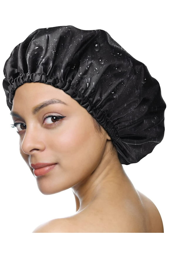 Cap for Women - Hair Satin Bonnet Shower Cap for Men Waterproof Extra Large Double Layer Reusable Adjustable for Braids Long Hair (Large,Black)