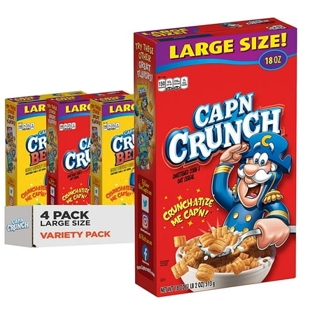 Cap'n Crunch, Breakfast Cereal, Original & Crunch Berries Variety Pack, Large Size Boxes, 4 Pack