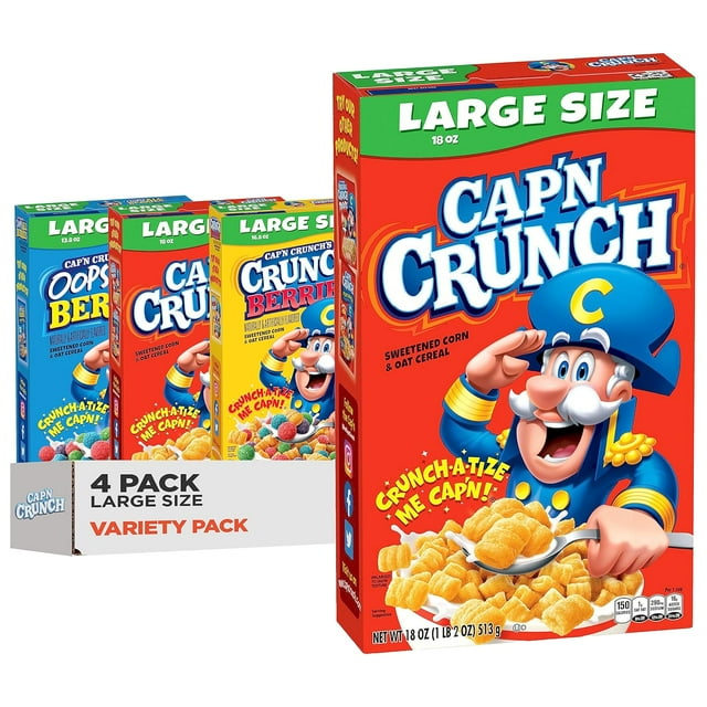 Cap'n Crunch Cereal, 3 Flavor Variety Pack, Large Size Boxes, (4 Pack