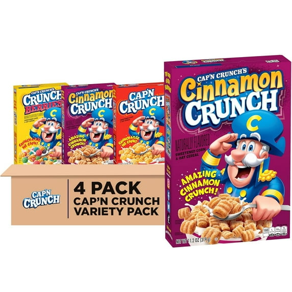 Cap'n Crunch Sweet Corn and Crunchy Oat Cereal, 3 Flavor Variety Pack, Large Size Boxes (4 Pack)
