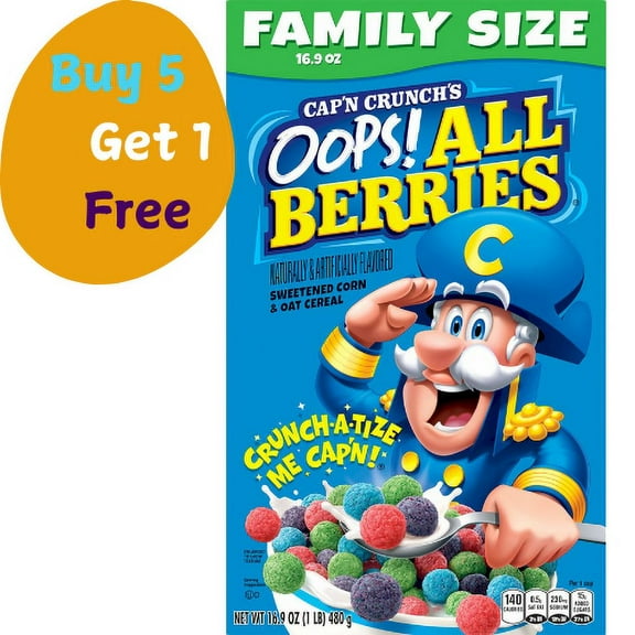 Capn Crunch's Oops All Berries Sweetened Corn & Oat Crunchy Cereal, (16.9 oz).(Buy 5 Get 1 Free)