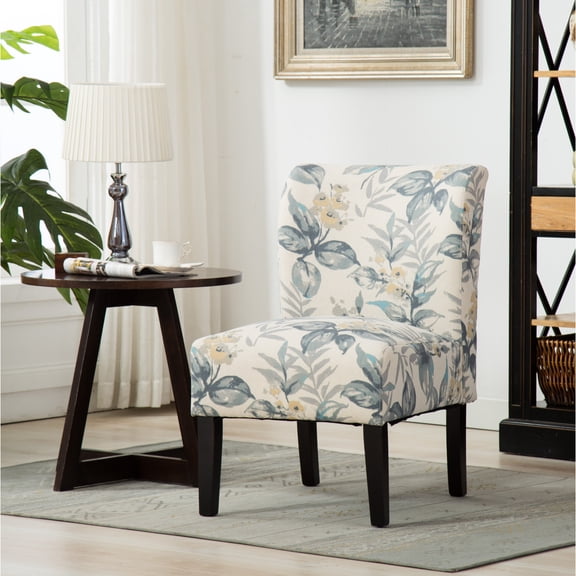 Capa Print Fabric Armless Accent Chair Blue Leaves Pattern Contemporary Chair for Living Room Home Decor