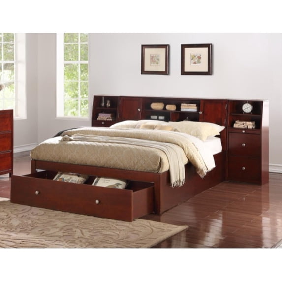Queen Size Wooden Bed With Spacious Headboard And Under Bed Drawer, Brown